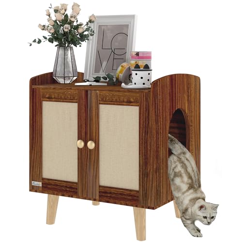 PawHut Mueble Arenero para Gatos Caja de Arena para Gatos Mesa Auxiliar con Puertas con Esteras de Sisal Patas de Madera para Salón Dormitorio 55x43x59,6 cm Marrón