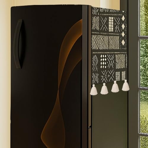 Image of Triple Door Fridge Cover 100-250L | 450 GSM Durable Fridge Top Cover with Tassels & Pockets | Fits Godrej, LG, Haier, Samsung Models | Dustproof Refrigerator Cover in Mud Cloth | WWW.THROWPILLOW.IN