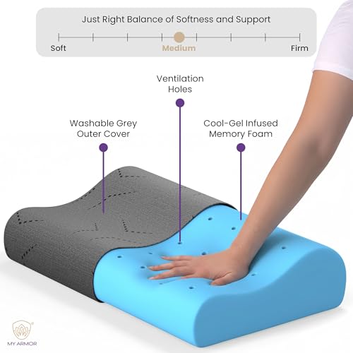 Image of MYARMOR Cool Gel Cervical Pillow for Neck Pain | Contour Design for Neck & Shoulder Pain Relief | Dual Height Ergonomic Support | 18 x 11 x 3.5 Inch | 2 Years Warranty | Grey Cover - Pack of 1