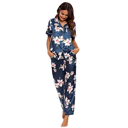 GOSO Ladies Pyjamas Set- Women Pyjamas Button Down Pjs for Women Sets Floral Long Sleeve Sleepwear Lady Nightwear Soft Lounge Sets for Ladies Pjs