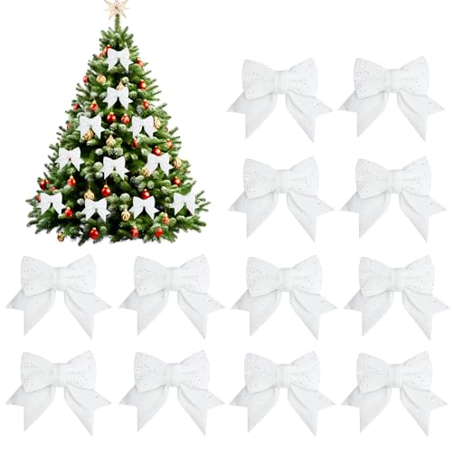 Fantasyon 12 Pcs Large Glitter White Christmas Bows Decorations, 5.5 Inch Christmas Tree Bows Ornaments Christmas Decorative Bows, Sequin Bow Ties for Xmas Wreaths
