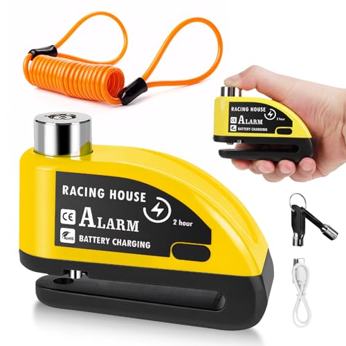 kodivenj Motorbike Disc Lock Rechargeable Alarm Disc Brake Lock 110db with Reminder Cable High Security Anti Theft Brake Disc Lock for Motorcycle Bike Moped Motocross (Yellow)