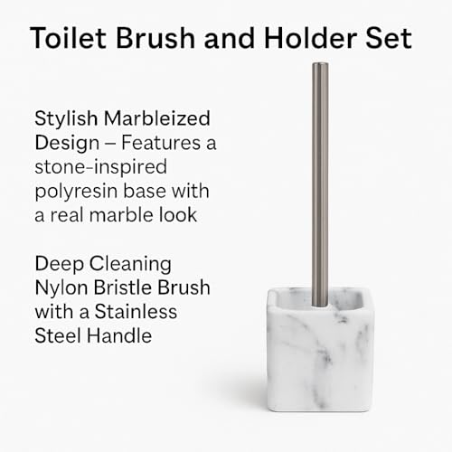 Image of Toilet Brush and Holder Set with Stainless Steel Handle - Modern Marble-Look Polyresin Base, Decorative Bathroom Toilet Bowl Brush with Nylon Bristles, Durable Toilet Cleaning Accessory (White)