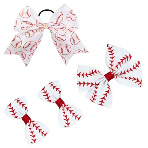4 Pcs Baseball Accessories for Women Bows Sets, Baseball Hair Clip Bows & Elastic Hair Ties Cheer...