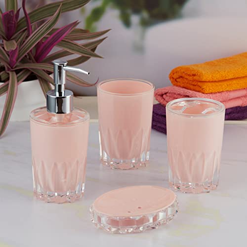Image of Kookee Acrylic Bathroom Set - Stylish 4 Piece Bath Accessories Kit with Soap Dispenser, Toothbrush Holder, Tumbler & Soap Dish - Modern & Designer Decor for Home & Guest Bathrooms (8343)