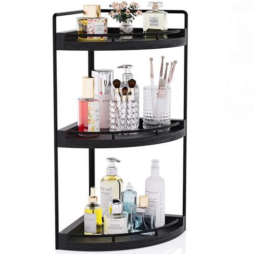 Image of Corner Bathroom Counter Organizer, 3 Tier Bathroom Sink Shelf Countertop, Wood Vanity Skincare Storage for Toiletries Decor, Makeup, Dresser(Black)