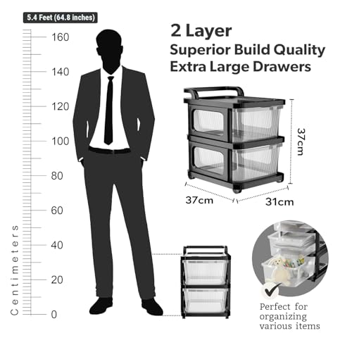 Image of URBAN LUXY Plastic Storage Drawer Organizer with Wheels | Multi-Purpose Chest of Drawers for Home, Office & Bedroom | Clothes, Toys & Stationery Organizer ((Transparent Black), 2 Layer)