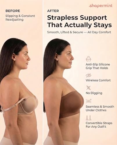 Image of SHAPERMINT Strapless Bra, Wireless Non-Slip Bandeau, Convertible Straps, Molded Strapless Bras for Women S to Large Breasts
