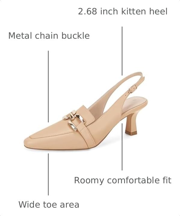 Image of Fashare Womens Slingback Heels Kitten Low Dress Shoes Closed Toe Metal Chain Elegant Work Pumps
