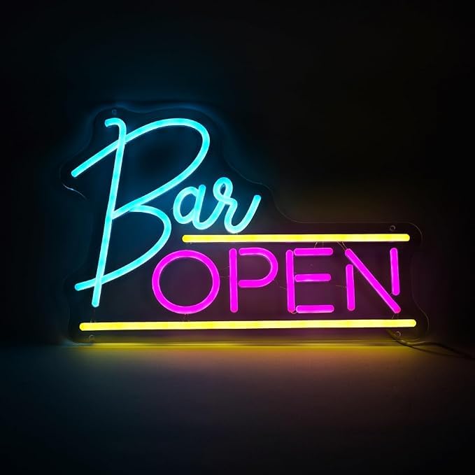 VYNES Bar Open Neon Signs for Wall Decor, Dimmable Light Blue & Pink LED Lights Neon Art for Bedroom, Kid Room, Living Room, Man Cave/Home Bar Birthday Wedding Party Game Zone Decor (Size 15X10X1 CM)