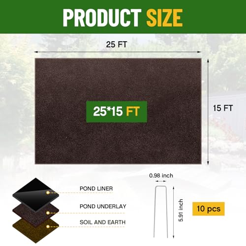 Image of Fanfanwin 15 x 25 ft Pond Liner Underlayment with 10 U-pins, 6oz, Brown
