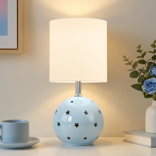Small Table Lamp, 14" Blue Ceramic Bedside Lamp for Girls Kids Bedroom,Dorm