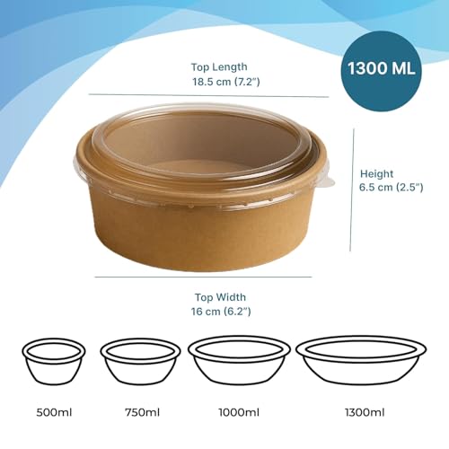 Image of Disposable Round Paper Containers with Lids | Takeout Containers for Hot /Cold Foods, Soup, Salad, Dessert, Pasta, Noodles | Microwavable, Leak-Proof Food Storage Containers- 1300ml, 15 Pack