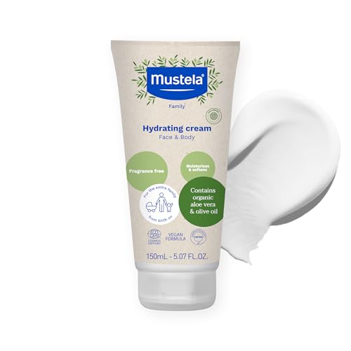 Mustela Certified Organic Hydrating Cream - Natural Body Lotion w/Olive Oil, Aloe Vera & Sunflower Oil - For Baby, Kid & Adult - Fragrance Free, EWG Verified & Vegan - 5.07 oz. - Packaging may vary