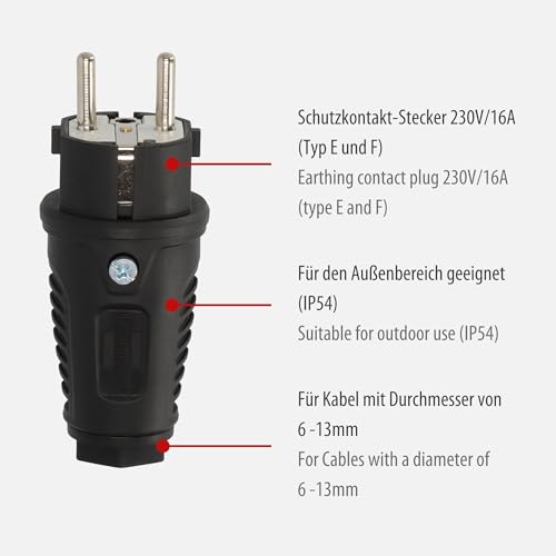 Brennenstuhl Schutzkontakt-Gummistecker 230V/16A (IP54, für den Außenbereich geeignet, ideal für den Anschluss eines Verlängerungskabel oder für die Reparatur eines beschädigten Kabels)