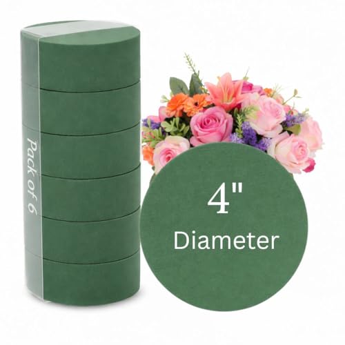 Pack of 6 FLOFARE Round Floral Foam Blocks for Fresh and Artificial Flowers Each (4 X 1.4) Dry & Wet Green Flower Foam for Flower Arrangements & Florist Supplies