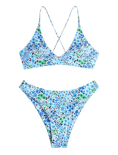 Image of ZAFUL Women's Tie Back Padded High Cut Bralette Bikini Set Two Piece Swimsuit