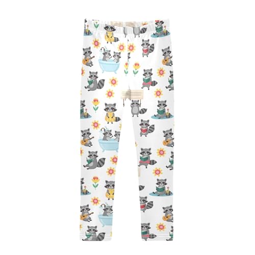 Girls Leggings Size 4T Raccoon Flowers White Yoga Stretchy Pants Comfortable Girl Clothes for Workout School