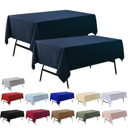 Image of 2-Pack 60x144 inch Navy Blue Table Cloths, Solid Stain and Wrinkle Resistant Oblong Tablecloth, Premium Plain Weave Polyester Fabric Rectangle Table Linen Covers for Hotel, Banquet