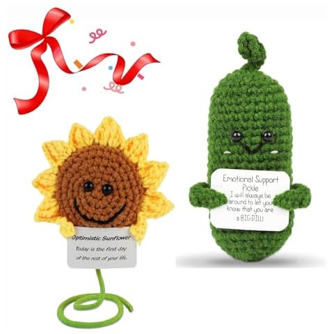 DAFURIET 2Pcs Emotional Pickle & Sun Flower Gifts for Women Men Coworker College Students - Cute Knitted Wool Doll with Uplifting Card for Cheer Up Gifts Birthday Party Decorations Crochet Dolls Cover