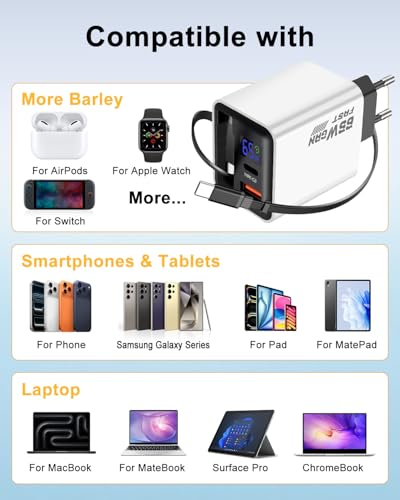 Cargador GaN 65W 3 en 1 blanco con cable USB-C extensible para iPhone y Switch 6