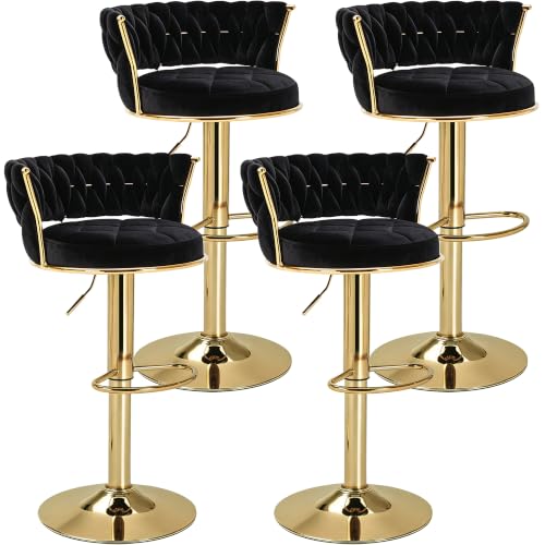 VECELO Bar Stools Set of 4, Modern-Contemporary Velvet Woven Counter Height Stools with Back and Arms, 360 Swivel Bar Chair, Black