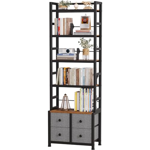 Epouseter 5 Tier Bookshelf, Modern Bookcase with Bookends and 4 Drawers Storage Organizer, Metal Industrial Display Shelf, Free Standing Storage Shelving Unit for Bedroom, Living Room and Home Office