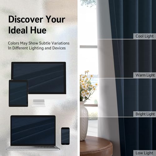 Image of 100% Blackout Shield Linen Textured Total Blackout Curtains for Bedroom 90 Inches Long, Navy Blue Grommet Curtains for Living Room, Thermal Insulated Room Darkening Drapes, 50 inch W x 90 inch L, 2 Panels