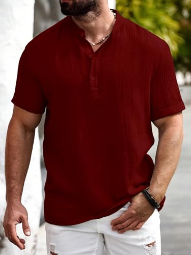 Image of Men Shirt | Black Textured Cotton Blend | Regular Fit Casual Shirt | Half Short Sleeve | Mandarin Chinese Collar | Button Down | Summer Office Wear | Stylish Shirt for Men