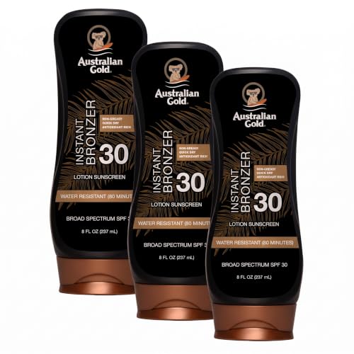 Australian Gold Sunscreen Lotion with Instant Bronzer, Broad Spectrum, Water Resistant, Non-Greasy, Oxybenzone Free, Cruelty Free, SPF 30, Coconut, 8 Fl Oz (A70902) (Pack of 3)