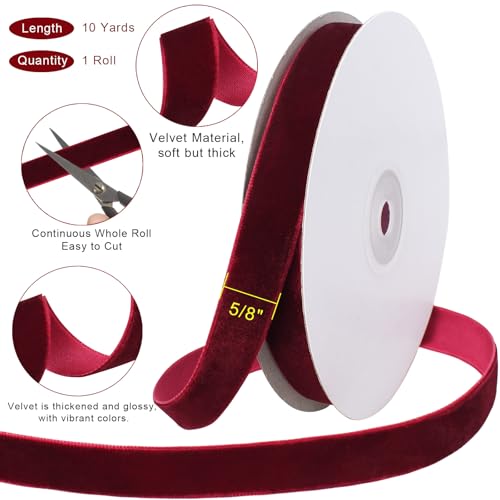 Image of Tsorode 10 Yards Black Velvet Ribbon 1 Inch for Christmas Tree,Velvet Christmas Ribbon for Gift Wrapping Crafts Bow Wreath Holiday Decorations (Burgundy, 5 /8 inch-10 Yard)