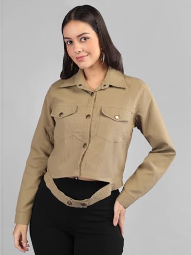 Image of CHKOKKO Solid Crop Jackets for Women stylish latest Long Sleeve Stylish Winter Shirt Jacket Casual Outerwear for Office