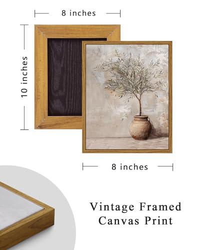Image of ARPEOTCY Vintage Framed Botanical Wall Art, Bedroom Bathroom Rustic Farmhouse Art Decor, Olive Tree in Vessel Canvas Print Retro Paintings, Home Neutral Antique Decor, 8x10 Inch