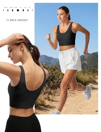 Women Built in Bra Tank Top High Impact Longline Padded Sports Bra Black - image 2