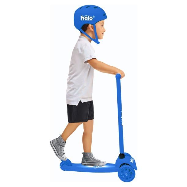 Jr 3 Wheel Scooter and Helmet Combo - Blue - Light Up Wheels + Size Adjustable Helmet, Easy Grip Handles for Any Size Hands
