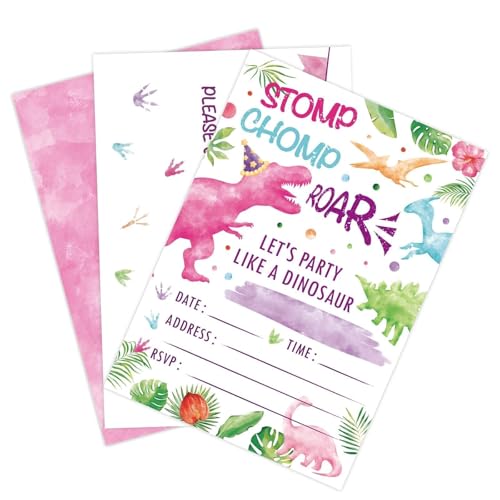 WERNNSAI 20 Sets Watercolor Dinosaur Party Invitation with Envelopes - Pink Dinosaur Invitations Cards for Girls Kids Birthday Party Supplies Fill-in T-Rex Invites Cards Double Sided for Baby Shower