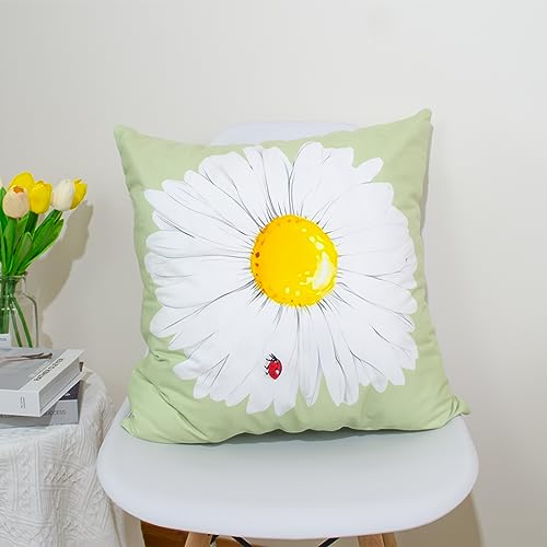 Cushion Covers 45 x 45 cm White Daisy Light Green Square Modern Double-Sided Decorative Pillows Covers for Sofa Couch Livingroom Chair Decor Pillow Case 18 x 18 inch - Image 4