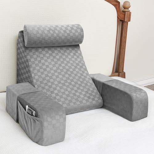 Vekkia Reading Pillow,Back Pillow for Bed Sitting Up Adult,Backrest Support Pillow with Arm and Large Pockets,Rest Chair for Reading,Gaming,Relaxing,Working or Watching TV in Bed&Floor-19in Grey