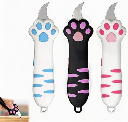 3 packs Cat Paw Shaped Mini Utility Knife Set Cute Retractable Box Cutter Multi-Use Portable Letter Opener