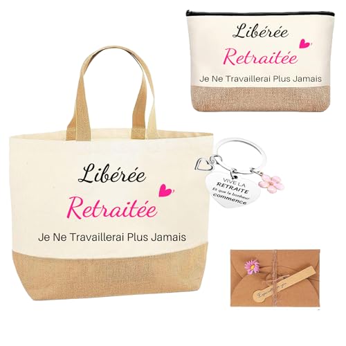jenich Cadeau Retraite Sac Retraitée Tote Bag Retraite Porte Clé Retraite Cadeau Idée pour Femme