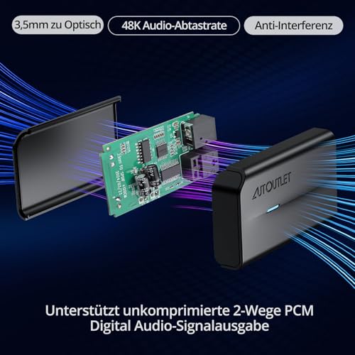 Image of AUTOUTLET 3.5mm to Optical Converter, 48Khz Audio Sample Rate, Supports Uncompressed 2-Way PCM Digital Audio Signal Output, Built-in 1.2m 3.5mm Cable, Suitable for Laptop, Computer, Projector, etc