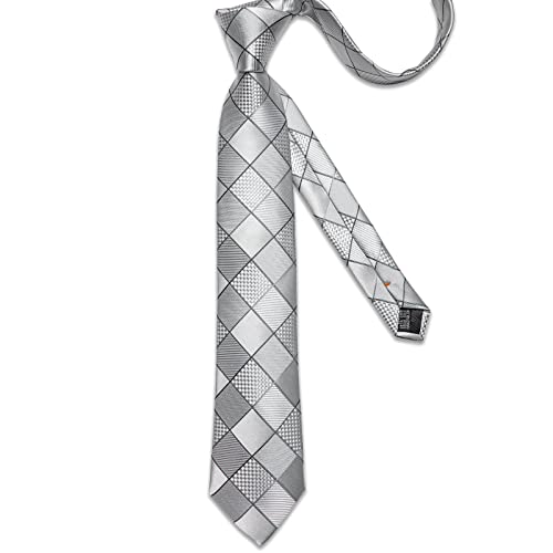 Image of DiBanGu Plaid Ties for Men Silk Checkered Necktie and Pocket Square Cufflinks Tie Clip Set with Gift Box for Wedding Business