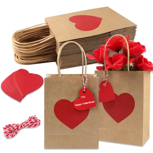 Jangostor 24 Pack Valentines Day Gift Bags with Tags Valentines Kraft Paper Bags Valentines Candy Bags with Handles Heart Love Party Favor Bags for Valentines Day Wedding Anniversary Birthday Party