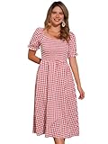Allegra K Midi Dress for Women's Smocked Front Tie Back Checks Gingham Dresses Medium Red