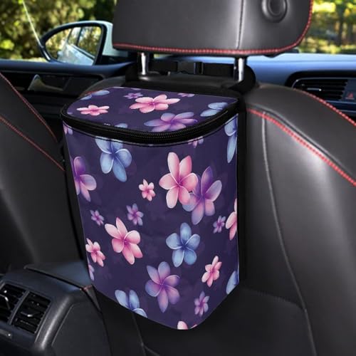 Image of Talayituse Colorful Plumeria Flower Print Car Trash Can with Adjustable Straps, Car Trash Bag Bin Car Garbage Bag Multipurpose Storage Box for Vehicle Travel Camping Picnicing