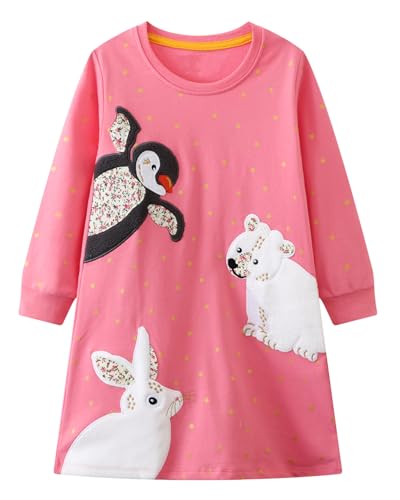 Image of Girls Cotton Long Sleeve Casual Cartoon Appliques Striped Jersey Dresses
