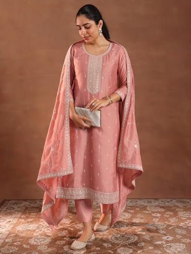 Image of Libas Embroidered Silk blend Straight Kurta Set for Women | ethnic wear | bridal suit | wedding dress | occasion wear