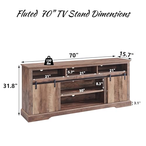Fluted TV Stand for 80 Inch TVs, 32" Modern Entertainment Center with Waveform Panel Sliding Door, Media Console Cabinet w/Storage, Soundbar & Adjustable Shelf for Living Room, 70 inch (Light Brown) - Thumbnail 2