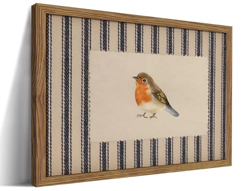 Image of Framed Robin Bird Wall Art, Striped Nature Watercolor Canvas Print, Country Farmhouse Wall Decor, Vintage Cottagecore Animal Picture Artwork for Living Room Bedroom Bathroom 12x16 inch