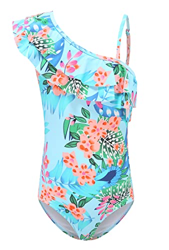 Image of Girls One Piece Swimsuits One Shoulder Ruffle Bathing Suit Kids Hawaiian Floral Swimwear 3-16 Years